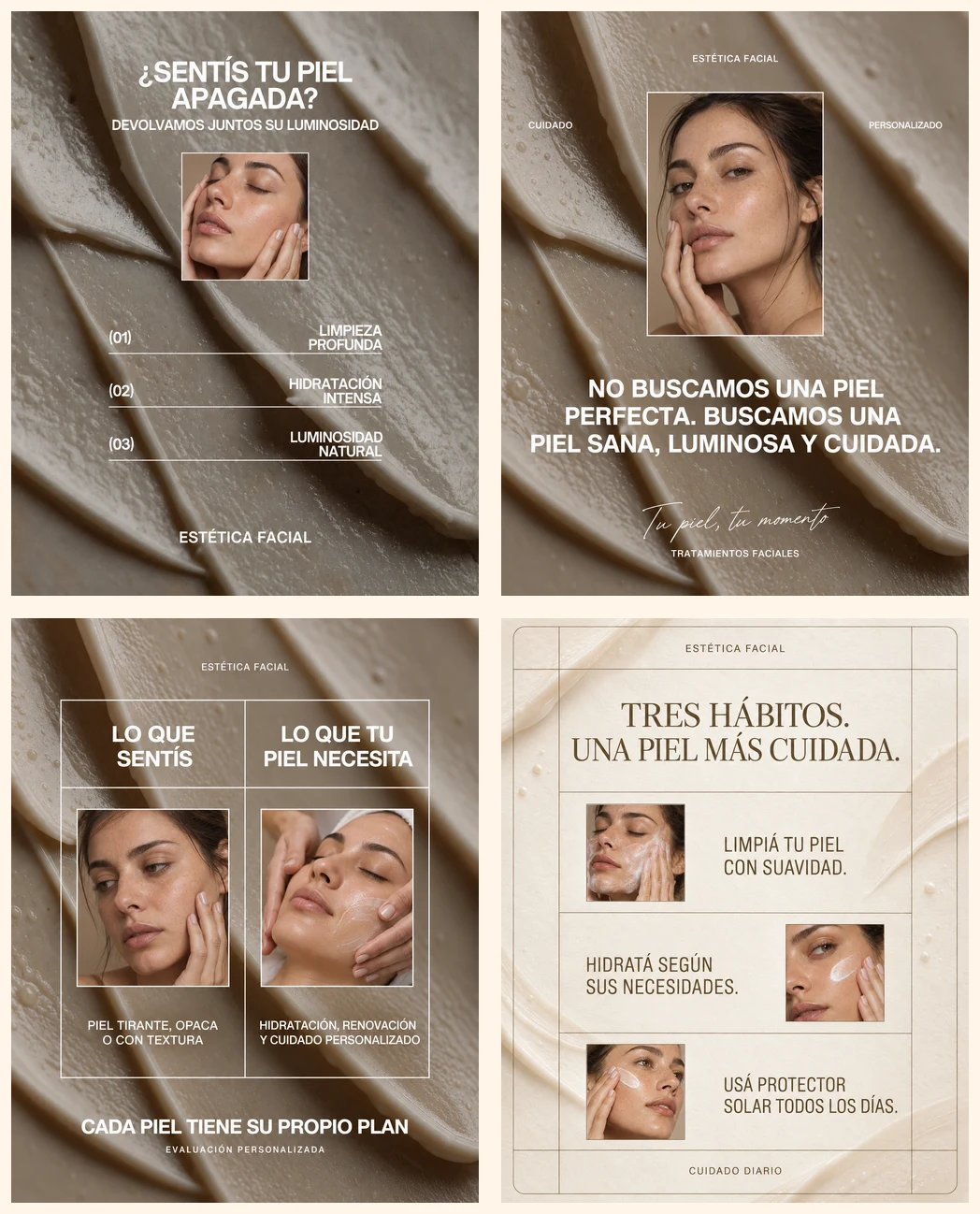Cuatro piezas de contenido para una marca de estética facial sobre luminosidad, cuidado personalizado, necesidades de la piel y hábitos diarios