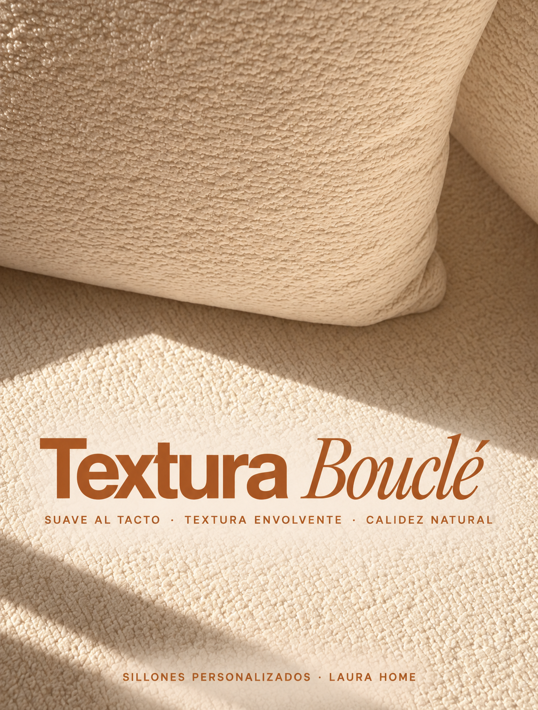 Publicación de Laura Home: detalle de textura bouclé, suave al tacto y calidez natural